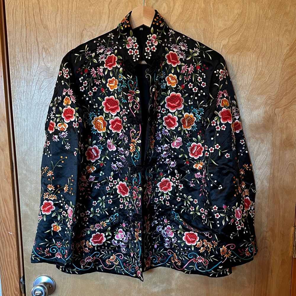 Silk Floral Embroidered Black Jacket